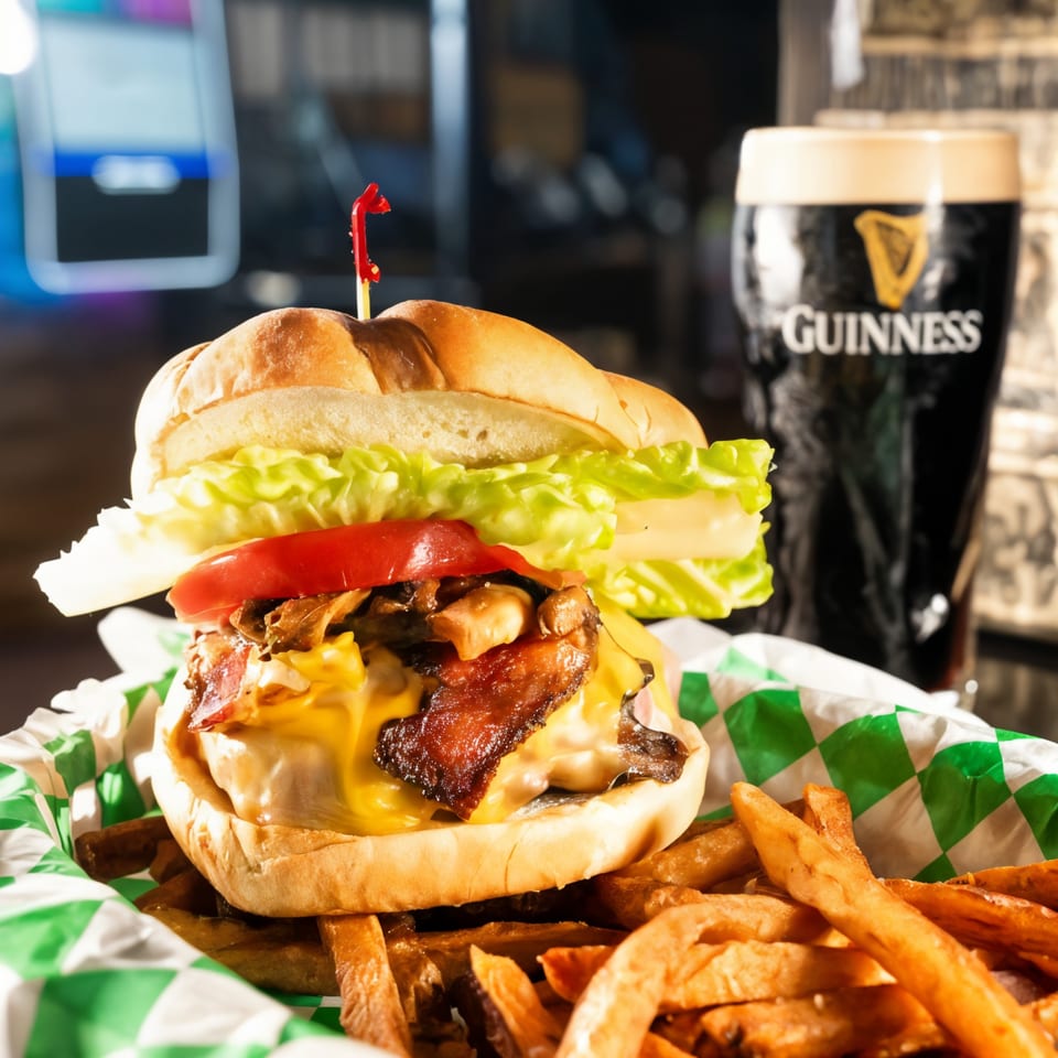 A Wexford Irish Pub & Grille burger with bacon, mushrooms, and cheese, served with fries and a Guinness.