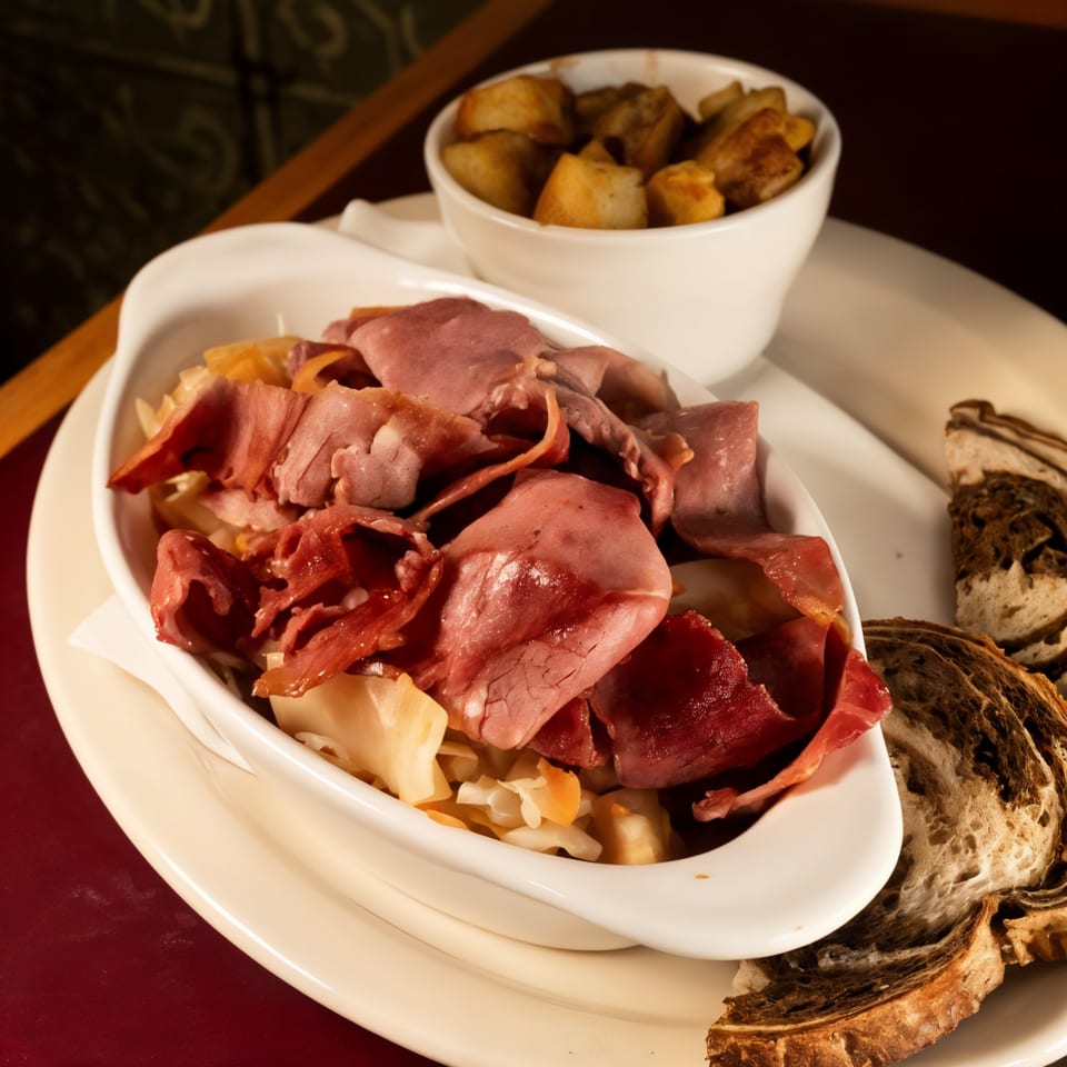 Corned beef and cabbage with roasted potatoes and marbled rye bread from The Wexford Irish Pub & Grille.