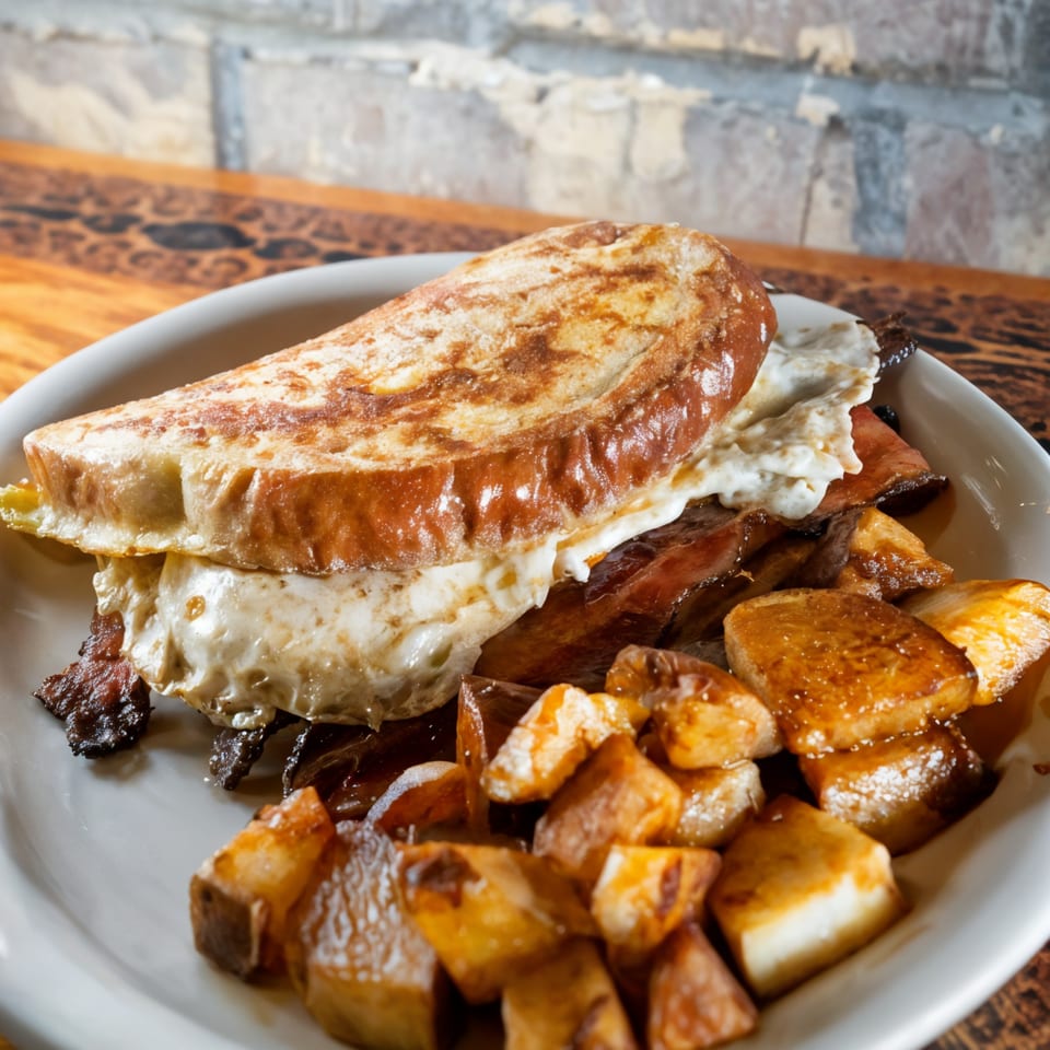 A breakfast sandwich with fried egg and bacon, served with a side of roasted potatoes.