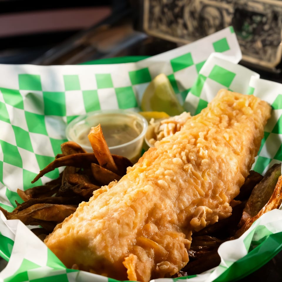 Golden-fried fish and chips in a green and white checkered basket with dipping sauces and lemon.