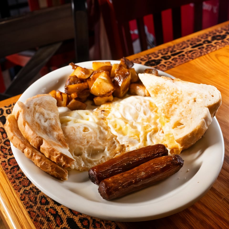 A full Irish breakfast with eggs, sausages, home fries, and toast on a white plate.